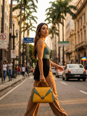 Nisa Geometric Color-Block Satchel Bag β Mustard & Teal