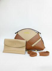 Nisa Dual-Tone Geometric Hand bag Set – Tan & Beige