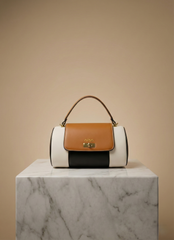 Nisa Tri-Tone Barrel Bag & Wallet Set - Cognac Brown / Cream / Black