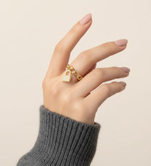 Nisa Premium Golden-Polish Too Delicate Lock & Key Design With Diamonds Studded Fingering For Women and Girls