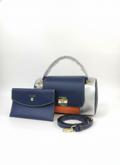 Nisa Tri-Tone Satchel Bag with Matching Wallet - Navy Blue, Silver, and Orange