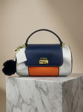 Nisa Tri-Tone Satchel Bag with Matching Wallet - Navy Blue, Silver, and Orange