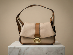 Nisa Signature Beige & Tan Shoulder Bag with Gold Accents