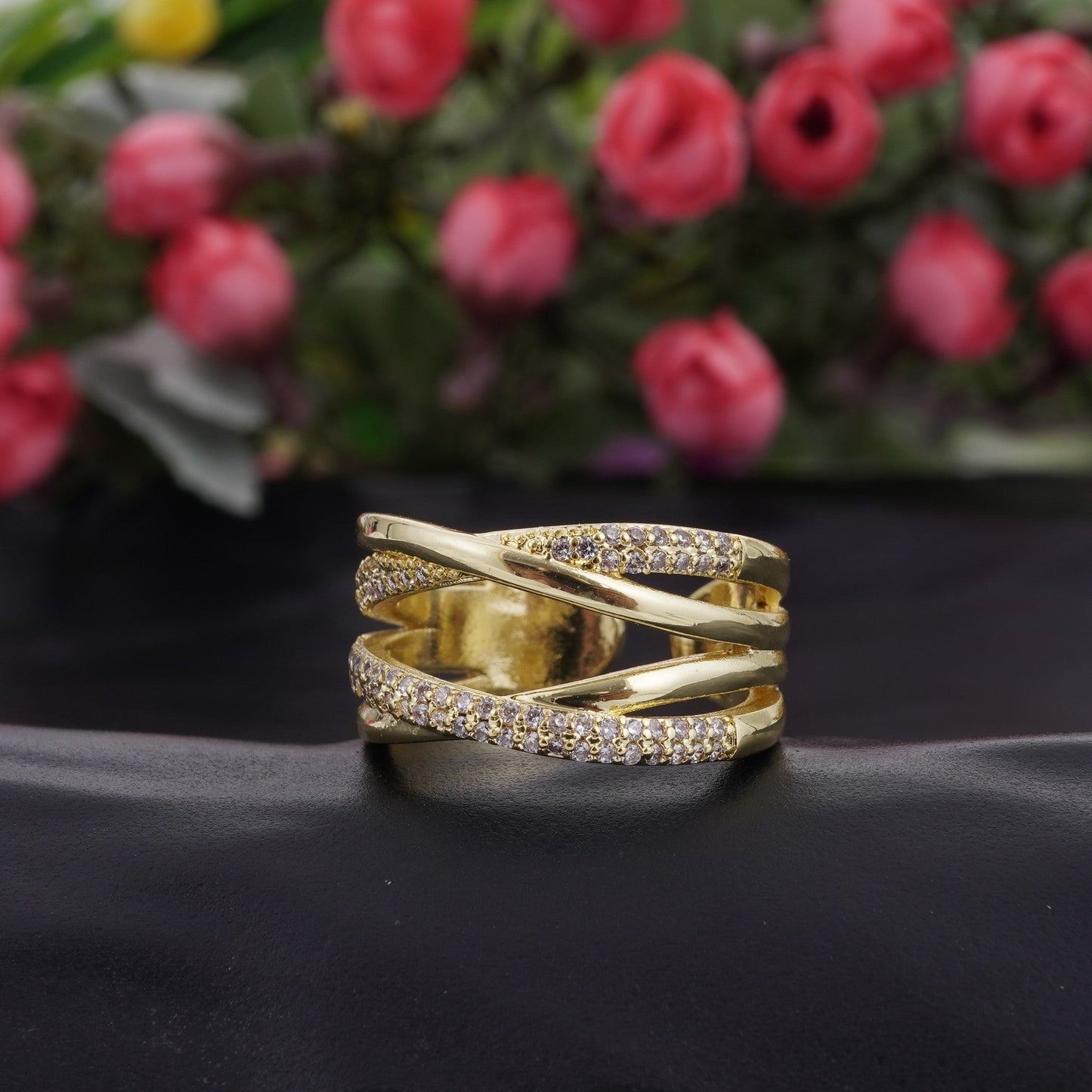 P-Nisa Premium Golden-Polish Dual Cross Design With Diamond Studded Fingering For Women and Girls