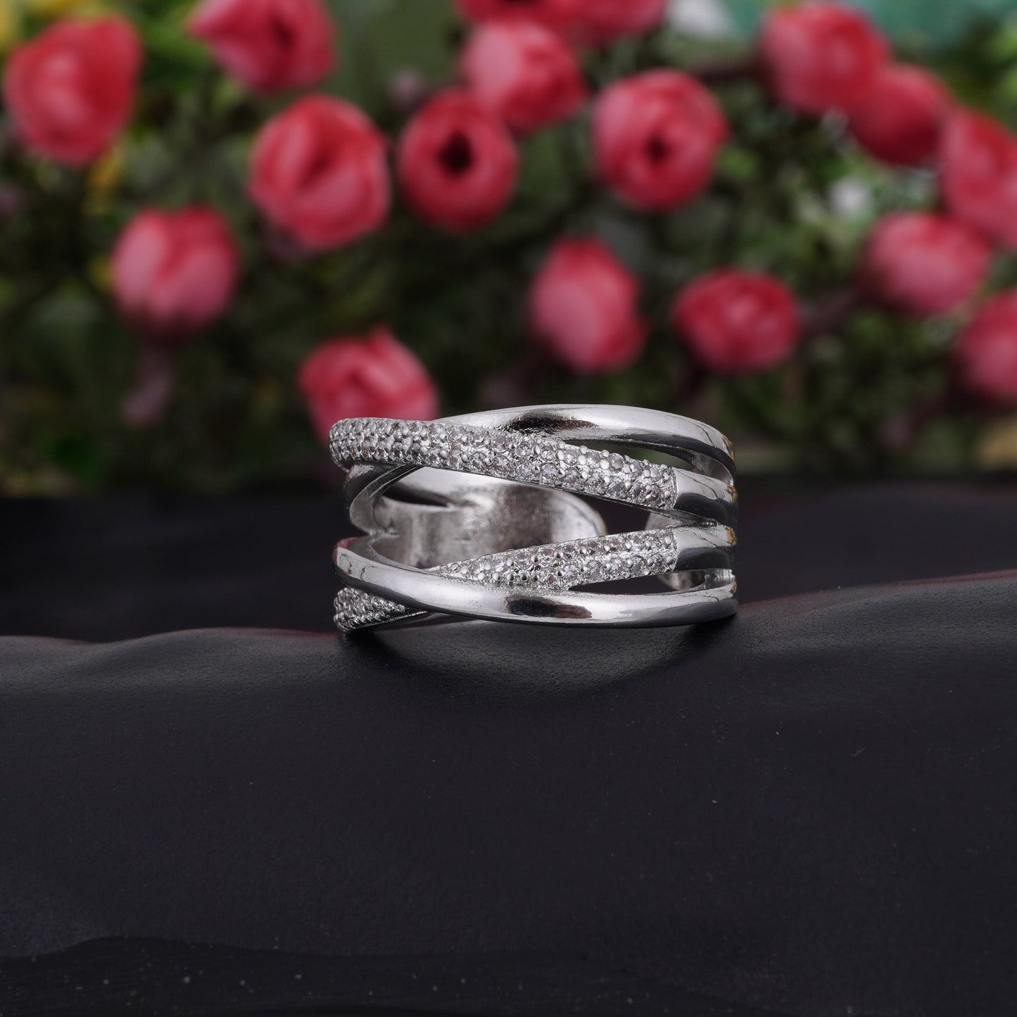 P-Nisa Premium Silver-Polish Dual Cross Design With Diamond Studded Fingering For Women and Girls