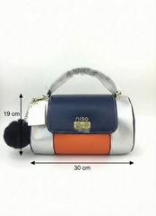 Nisa Tri-Tone Satchel Bag with Matching Wallet - Navy Blue, Silver, and Orange