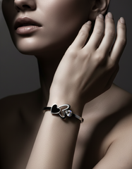 Nisa Premium Silver-Polish Heart Design With Diamond And Black Ceramic Studded Bracelet For Women and Girls