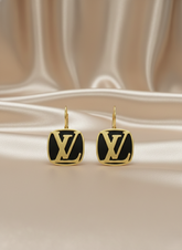 Golden Tone Black Enamel Monogram Earrings