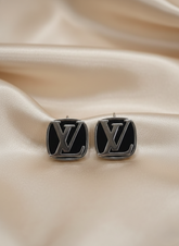 Silver Tone Black Enamel Monogram Earrings