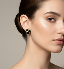 Stainless Steel Triple Heart Black Onyx & Gold Studs