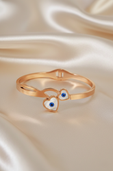 Nisa Premium Rose-Gold Polish Evil-Eyes Design With Heart Shape White Pearl Studded Bracelet For Women and Girls