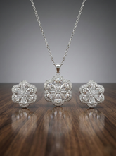 Silver-Toned Floral American Diamond (AD) Pendant Set with Matching Earrings