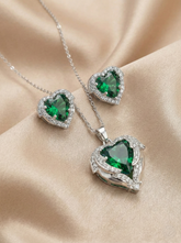 Iridescent Heart Crystal Pendant Set with Matching Earrings – Silver Tone