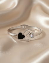 Nisa Premium Silver-Polish Heart Design With Diamond And Black Ceramic Studded Bracelet For Women and Girls