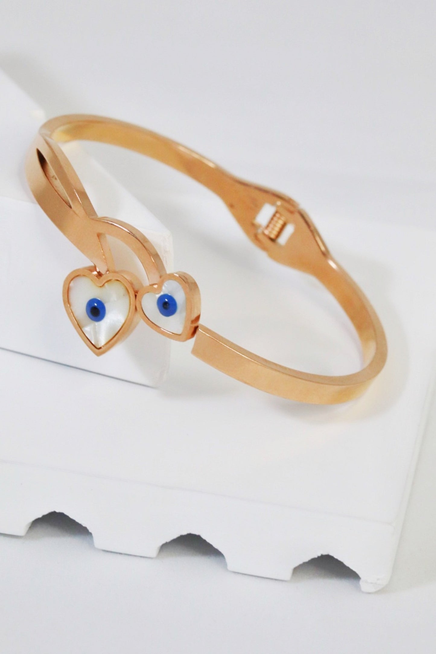 P-Nisa Premium Rose-Gold Polish Evil-Eyes Design With Heart Shape White Pearl Studded Bracelet For Women and Girls