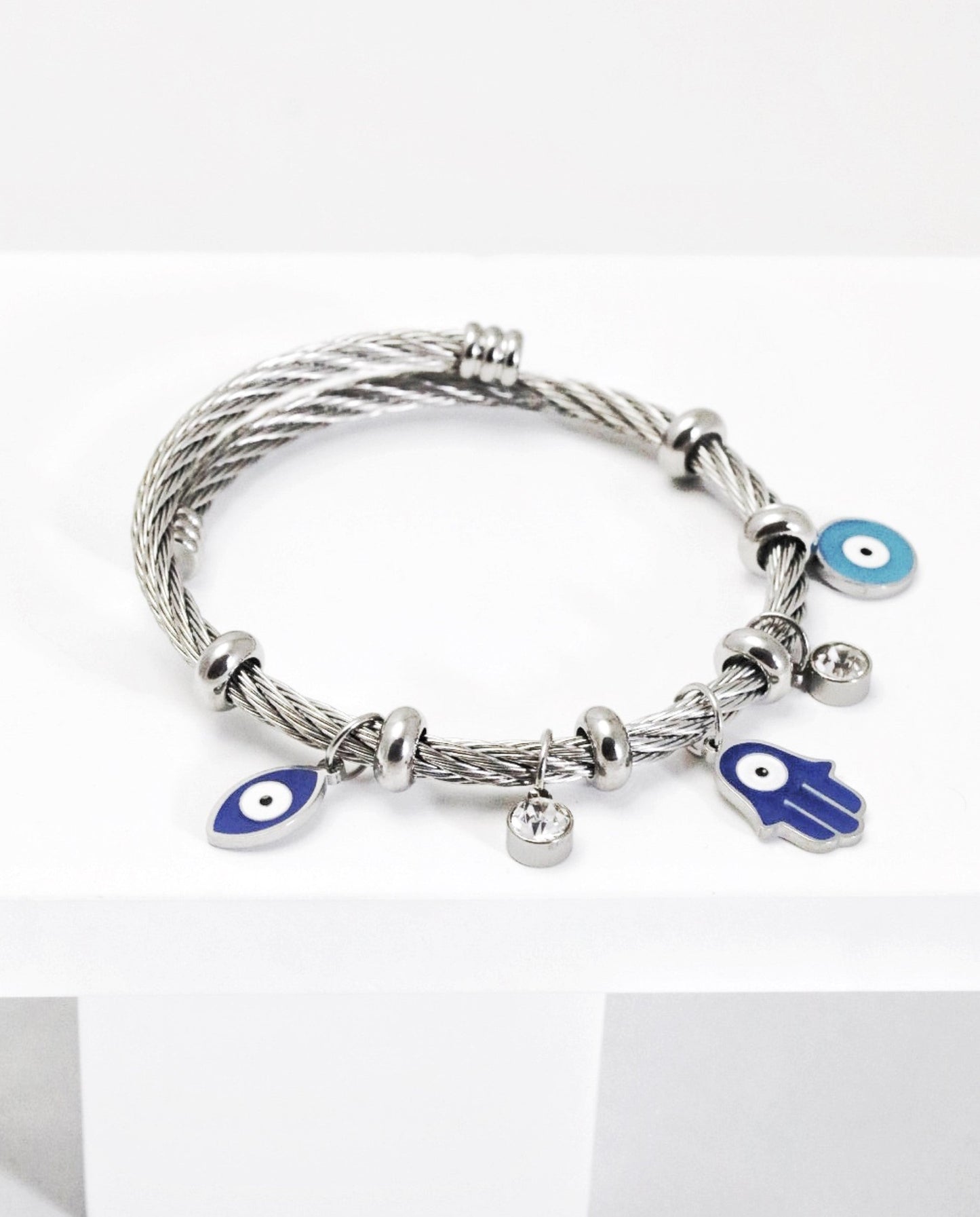 P-Nisa Premium Silver-Polish Hanging Evil-Eyes Design With Diamond Studded Bracelet For Women and Girls