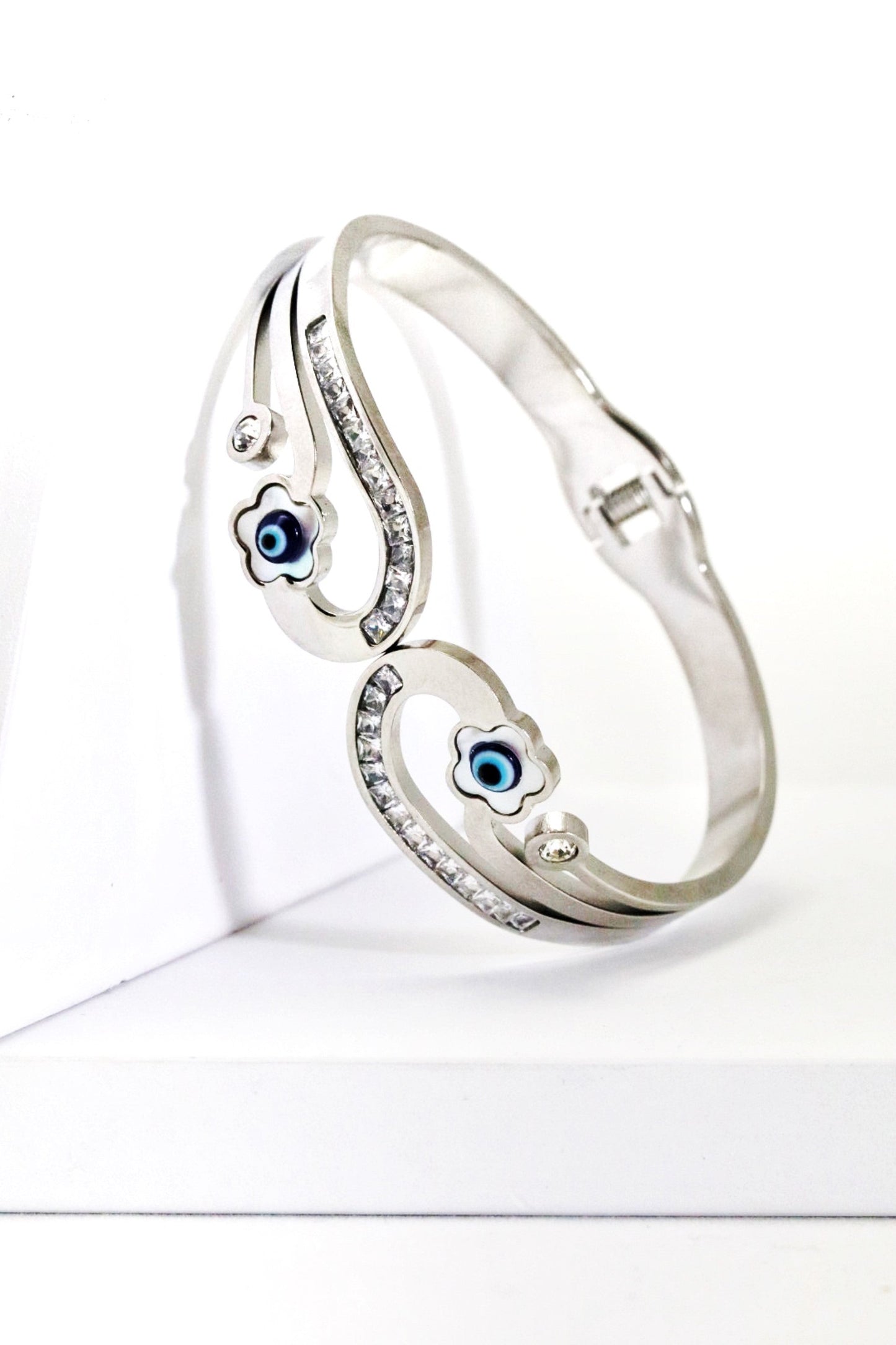 P-Nisa Premium Silver-Polish Evil-Eyes In Flower Design With Diamond And Pearl Studded Bracelet For Women and Girls