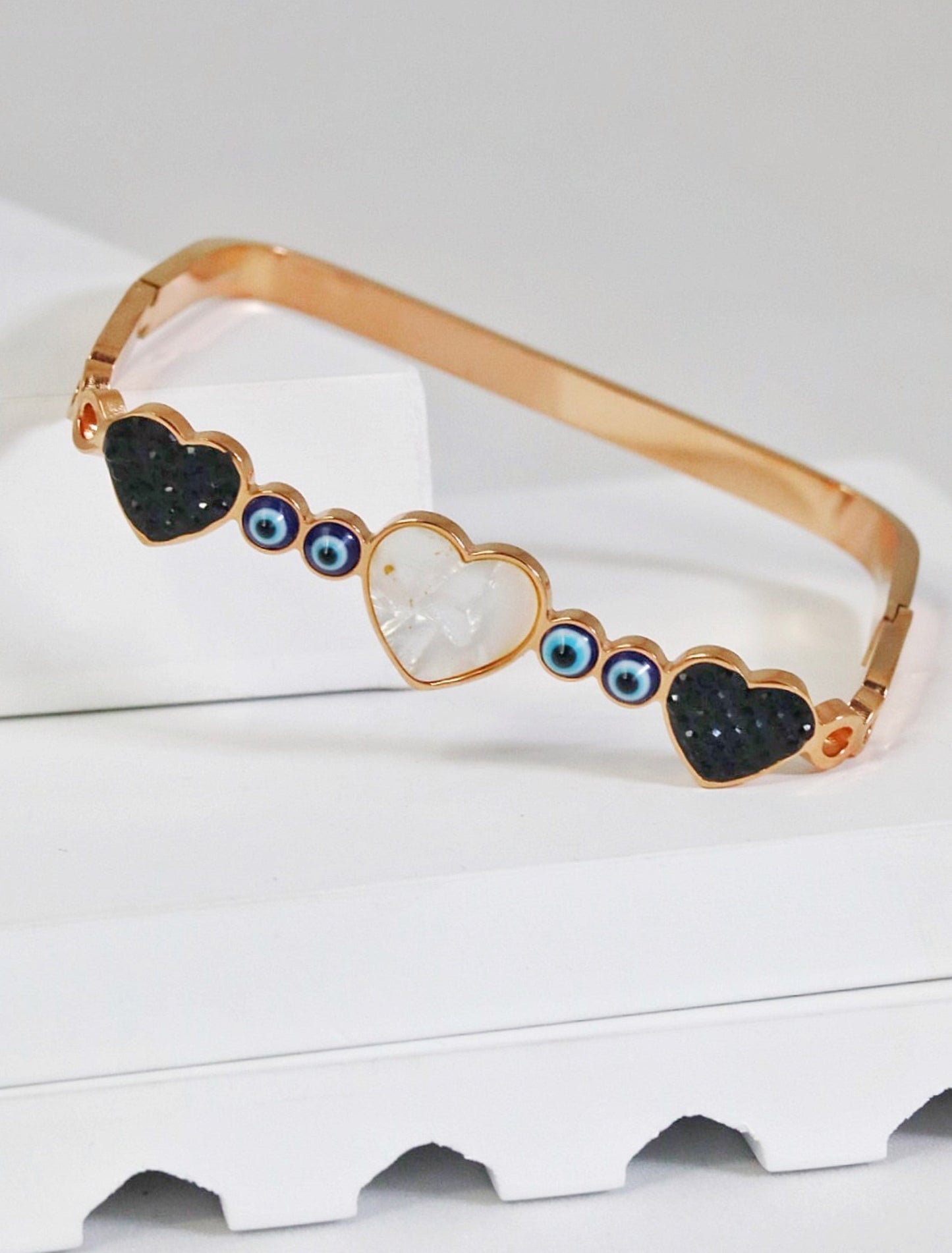 P-Nisa Premium Rose-Gold Polish Evil-Eyes With Heart Design With Diamond And Pearl Studded Bracelet For Women and Girls