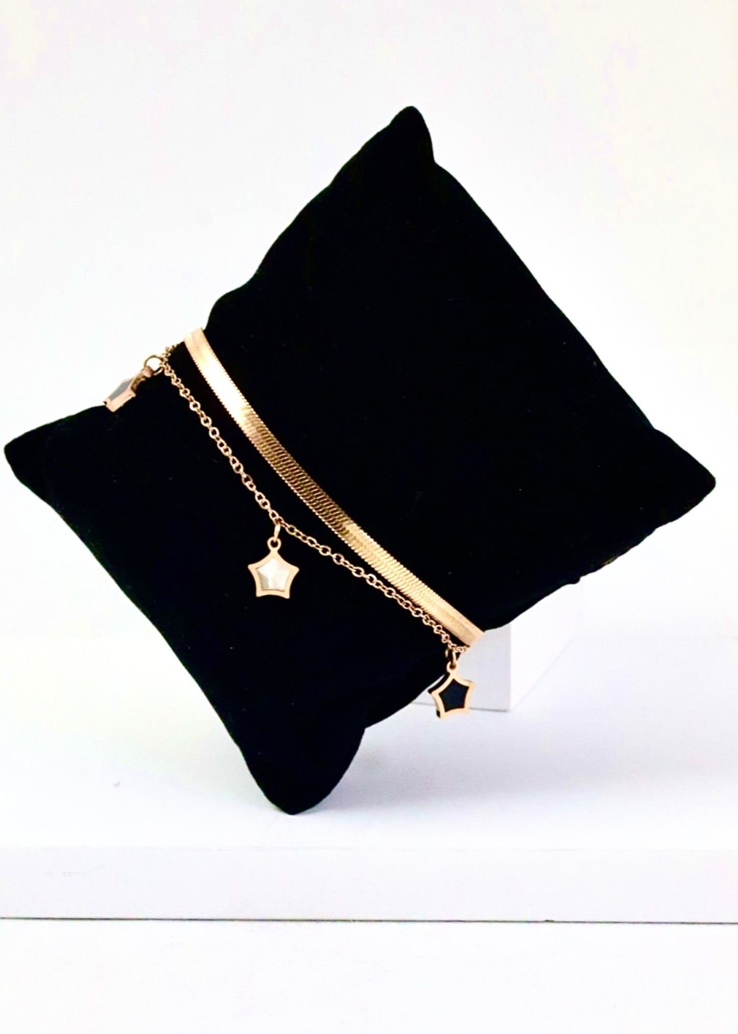 P-Nisa Premium Rose-Gold Polish Sterling Star Design With Black And White Pearl Studded Bracelet For Women and Girls