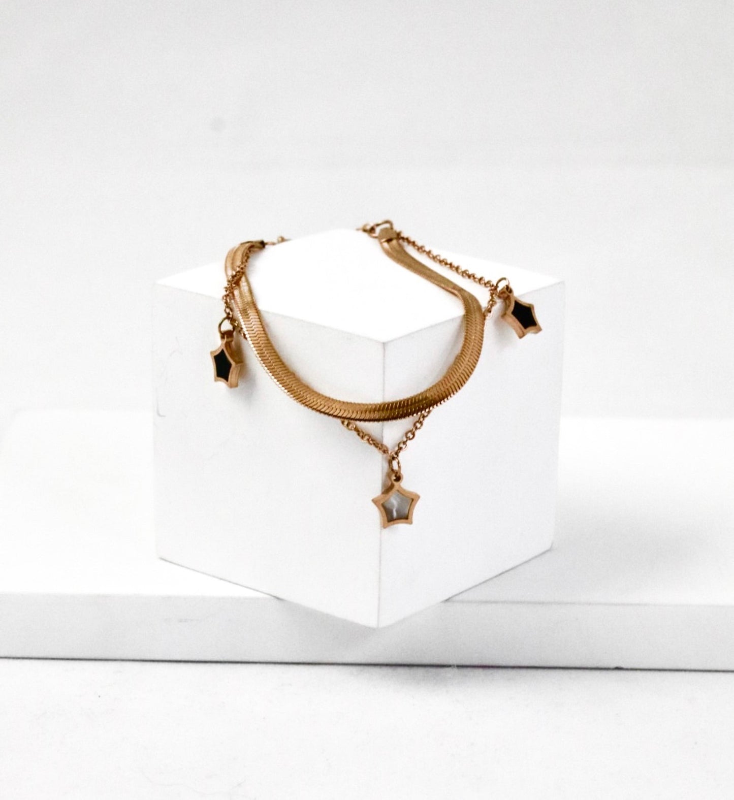P-Nisa Premium Rose-Gold Polish Sterling Star Design With Black And White Pearl Studded Bracelet For Women and Girls