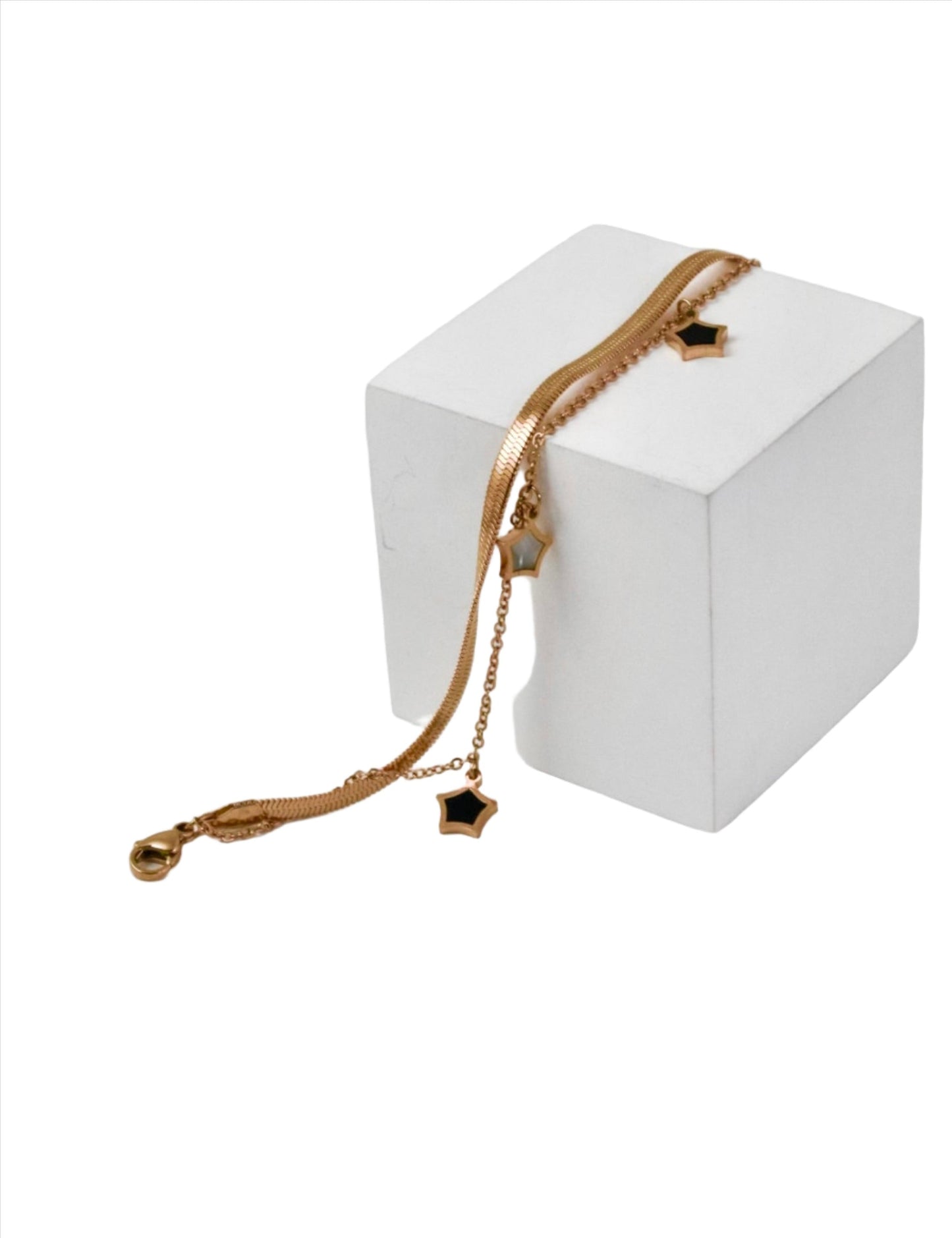 P-Nisa Premium Rose-Gold Polish Sterling Star Design With Black And White Pearl Studded Bracelet For Women and Girls