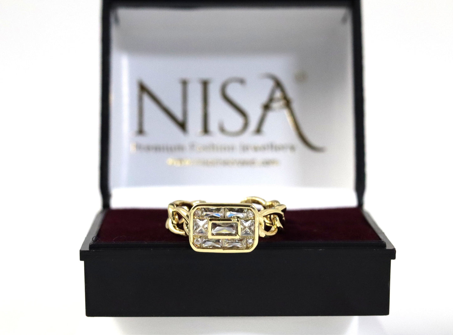 P-Nisa Premium Golden-Polish Chain Design With Diamonds Studded Fingering For Women and Girls