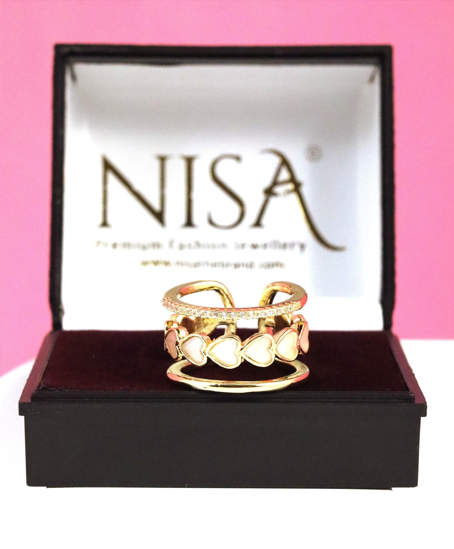 P-Nisa Premium Golden-Polish Joint Heart Shape Design With Diamonds And Heart Shape Pearl Studded Fingering For Women and Girls