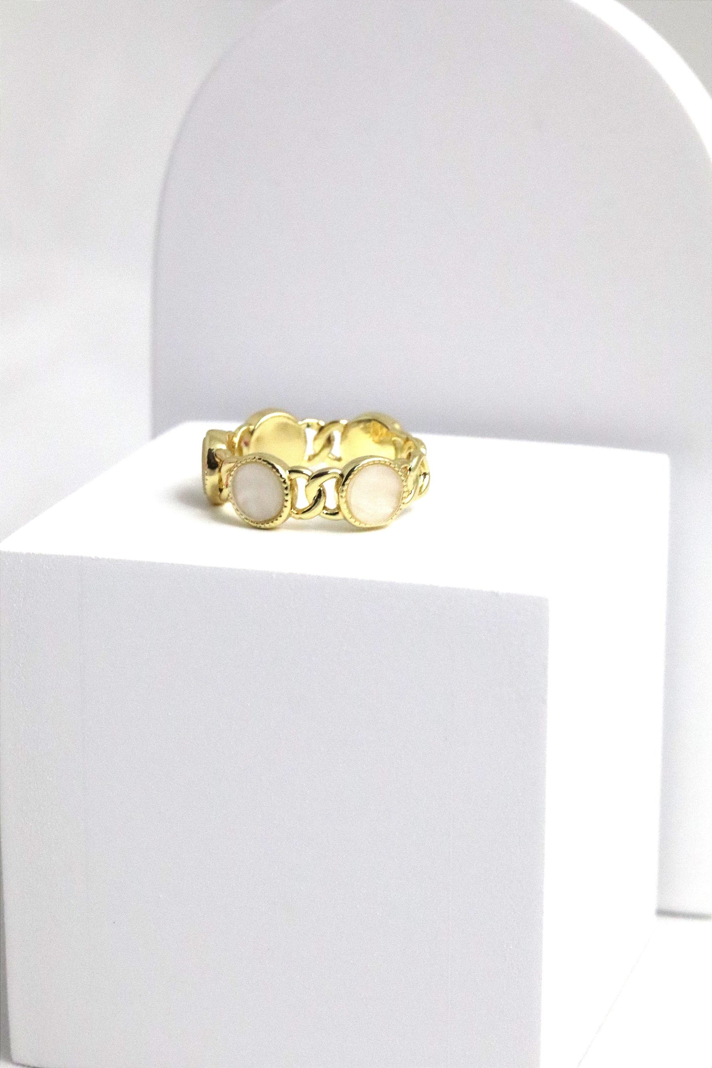 P-Nisa Premium Golden-Polish Chain Stiff Design With White Pearl Fingering For Women and Girls