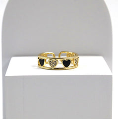 Nisa Premium Golden-Polish Heart Shape Design With Diamonds And Heart Shape Black Pearl Studded Fingering For Women and Girls