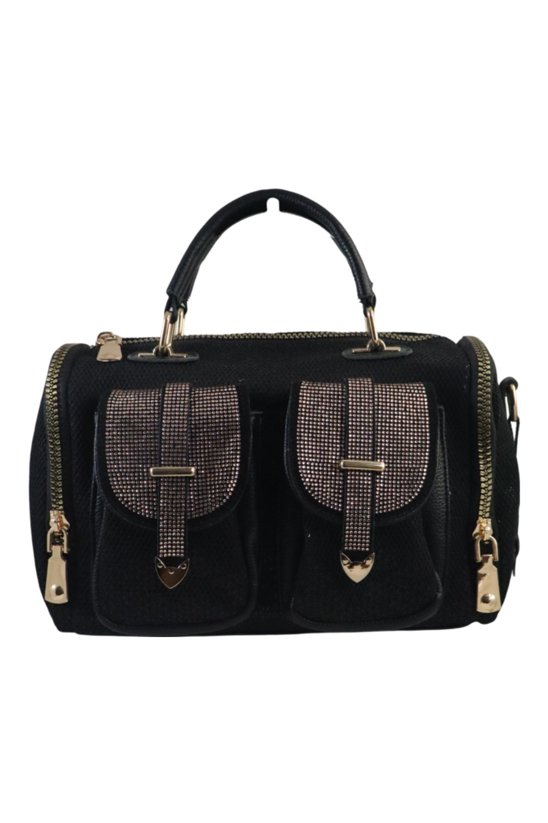 P-Elegant Black Sequence Handbag with Dual Front Pockets