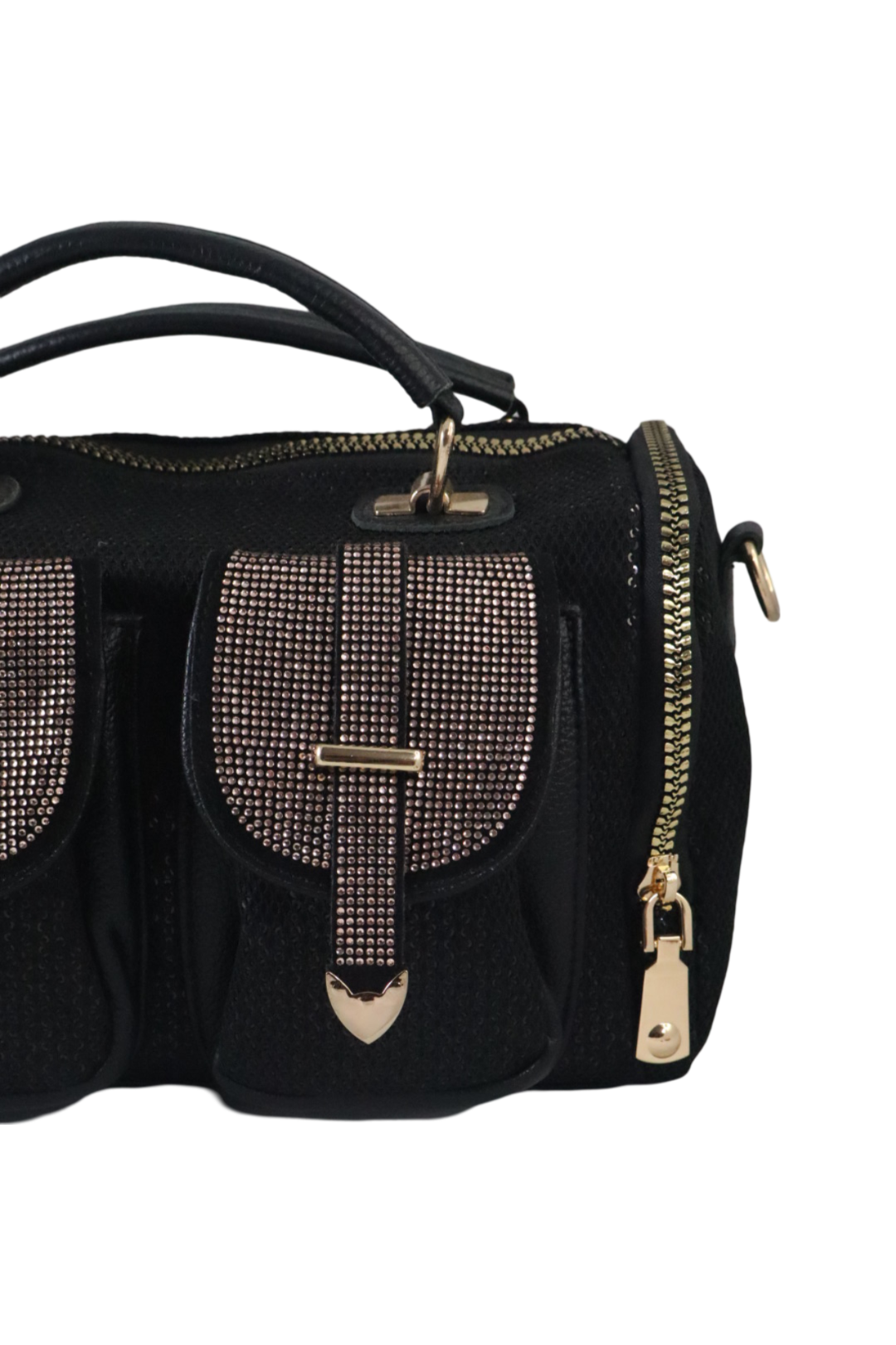 P-Elegant Black Sequence Handbag with Dual Front Pockets