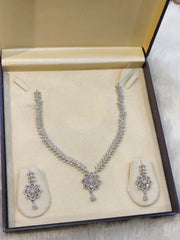 Silver Floral Bloom AD Necklace & Earrings Set