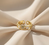 Nisa Premium Golden-Polish Heart Shape Design With Diamonds And Heart Shape White Pearl Studded Fingering For Women and Girls