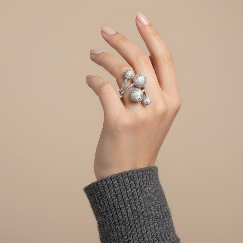 Nisa Premium Silver-Polish Branch Shape Design With Diamond Studded Fingering For Women and Girls