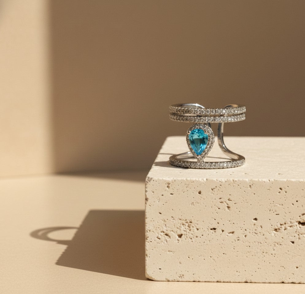 Nisa Premium Silver-Polish Peacock-Feather Design With Diamond Of Crystal-Blue Studded Fingering For Women and Girls