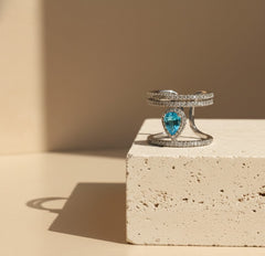 Nisa Premium Silver-Polish Peacock-Feather Design With Diamond Of Crystal-Blue Studded Fingering For Women and Girls