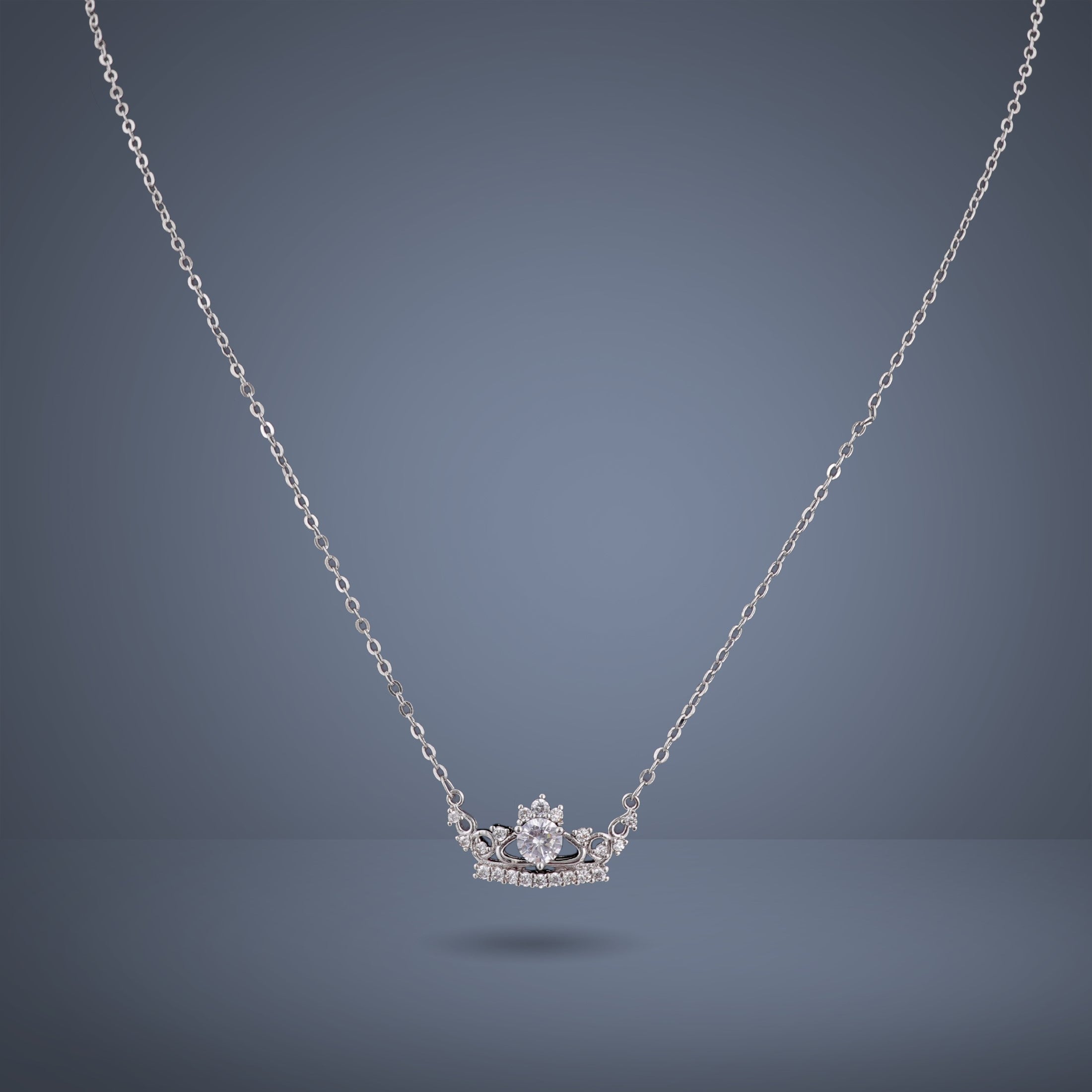 Nisa Premium Silver-Polish Crown of Queen Design With Diamond Studded Delicate Chain-Pendant For Women and Girls