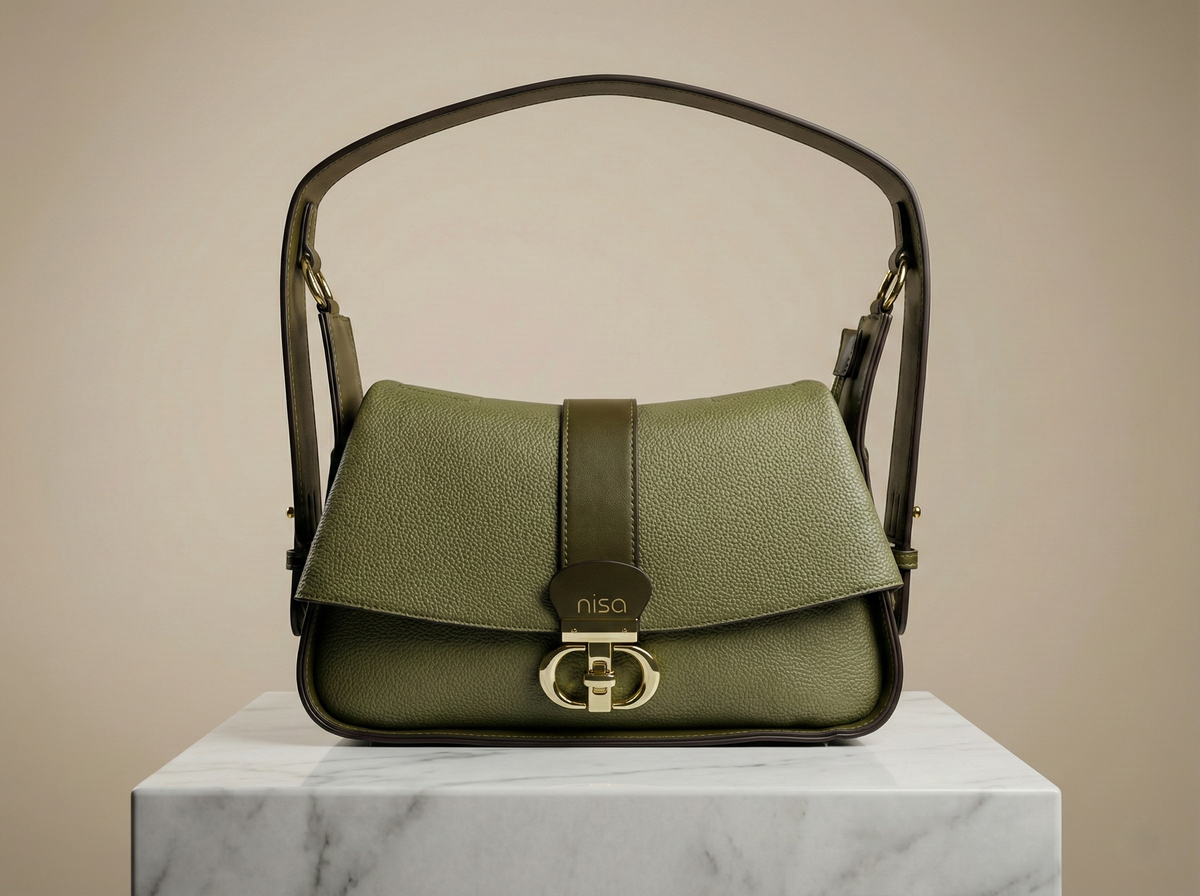 Nisa Signature Olive Shoulder Bag with Gold Accents