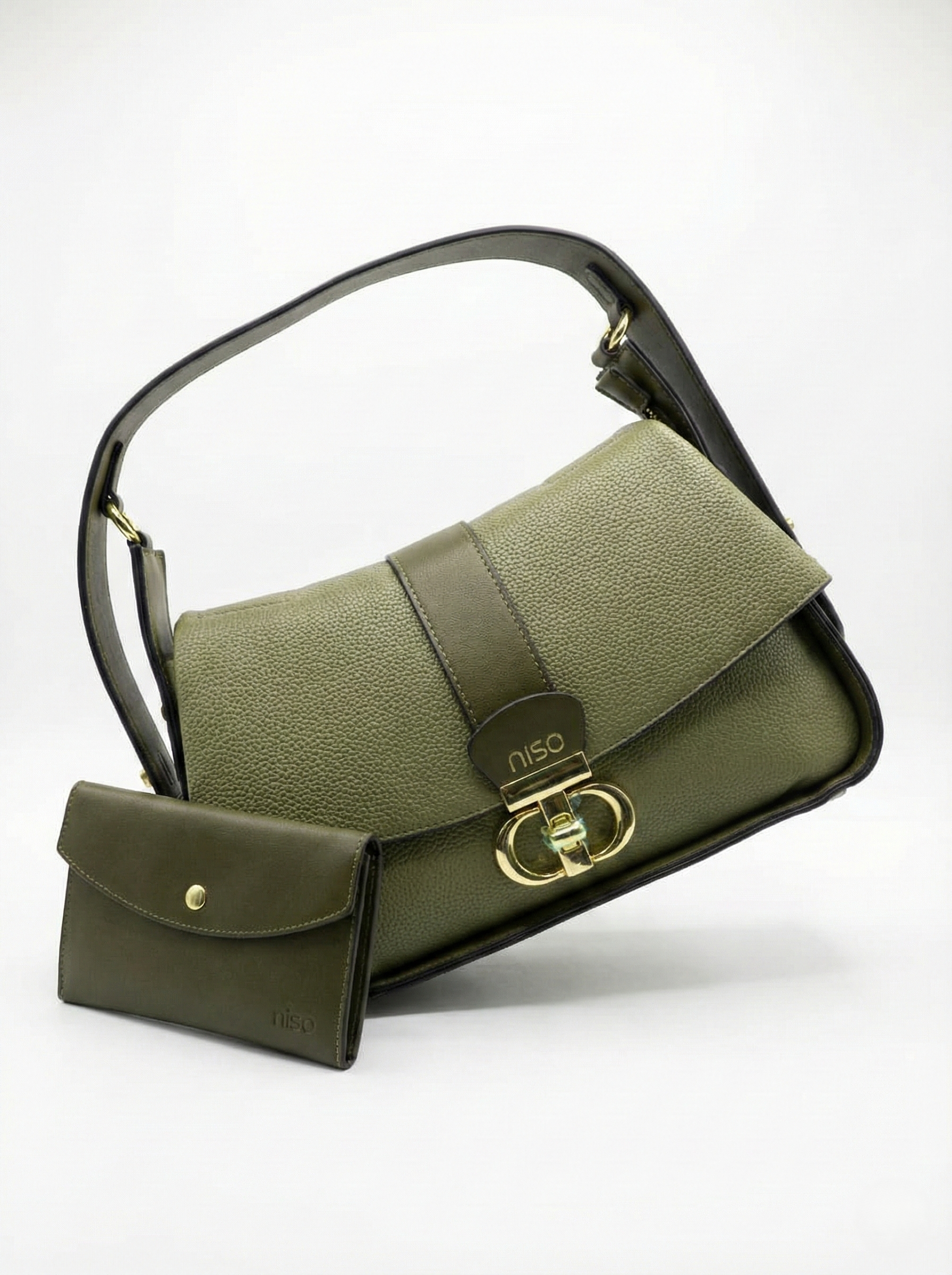 Nisa Signature Olive Shoulder Bag with Gold Accents
