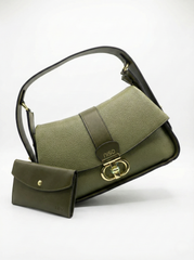 Nisa Signature Olive Shoulder Bag with Gold Accents