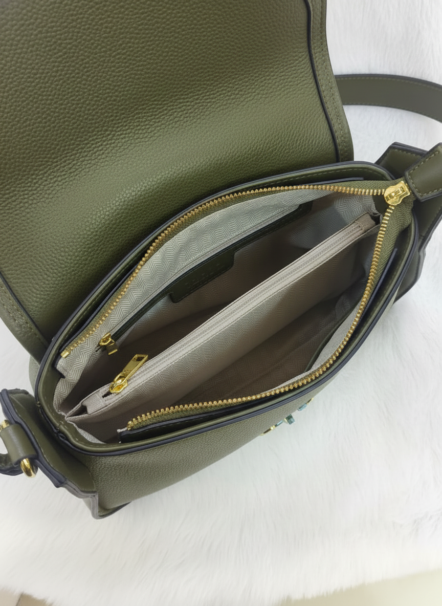 Nisa Signature Olive Shoulder Bag with Gold Accents