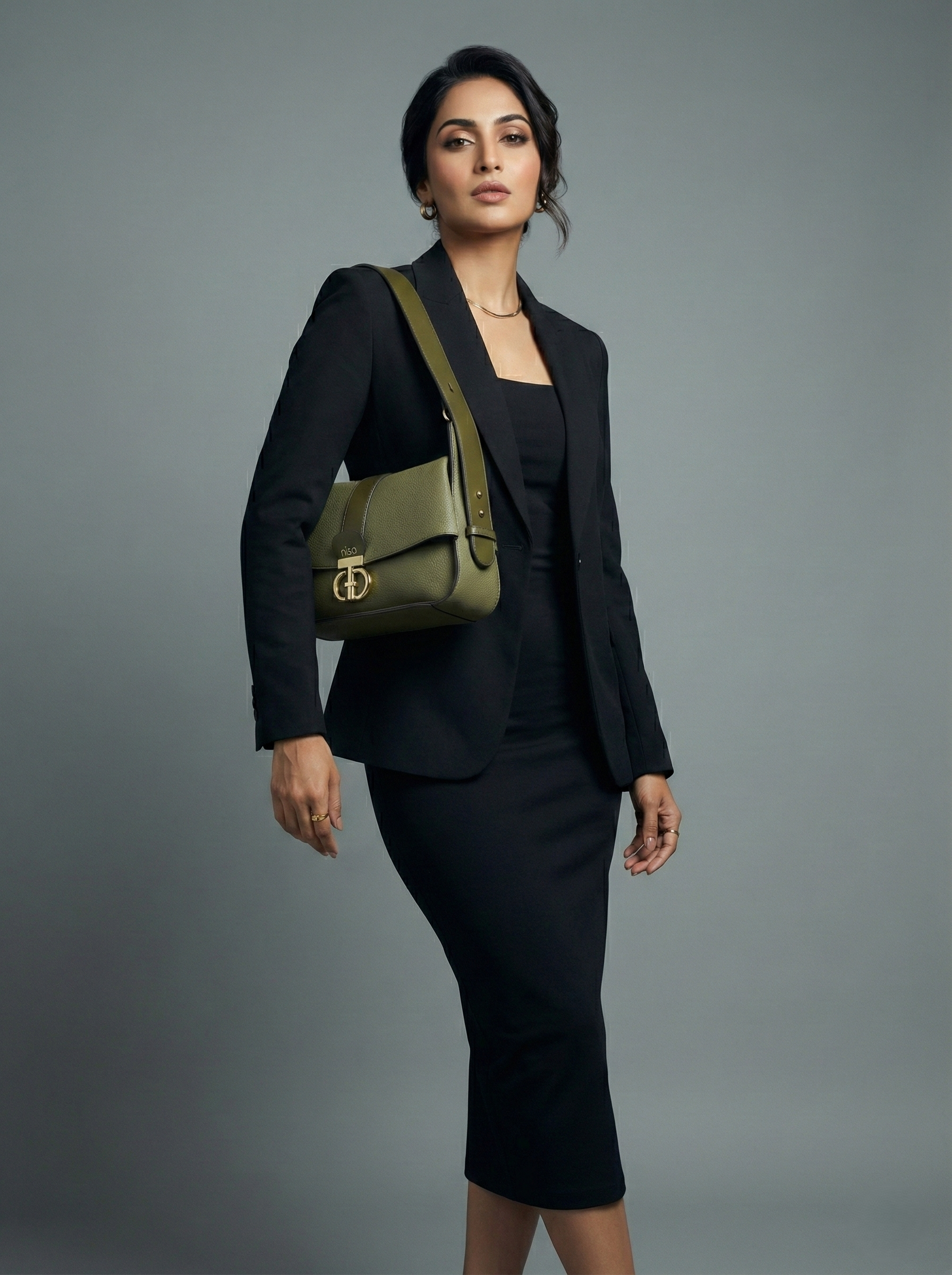 Nisa Signature Olive Shoulder Bag with Gold Accents