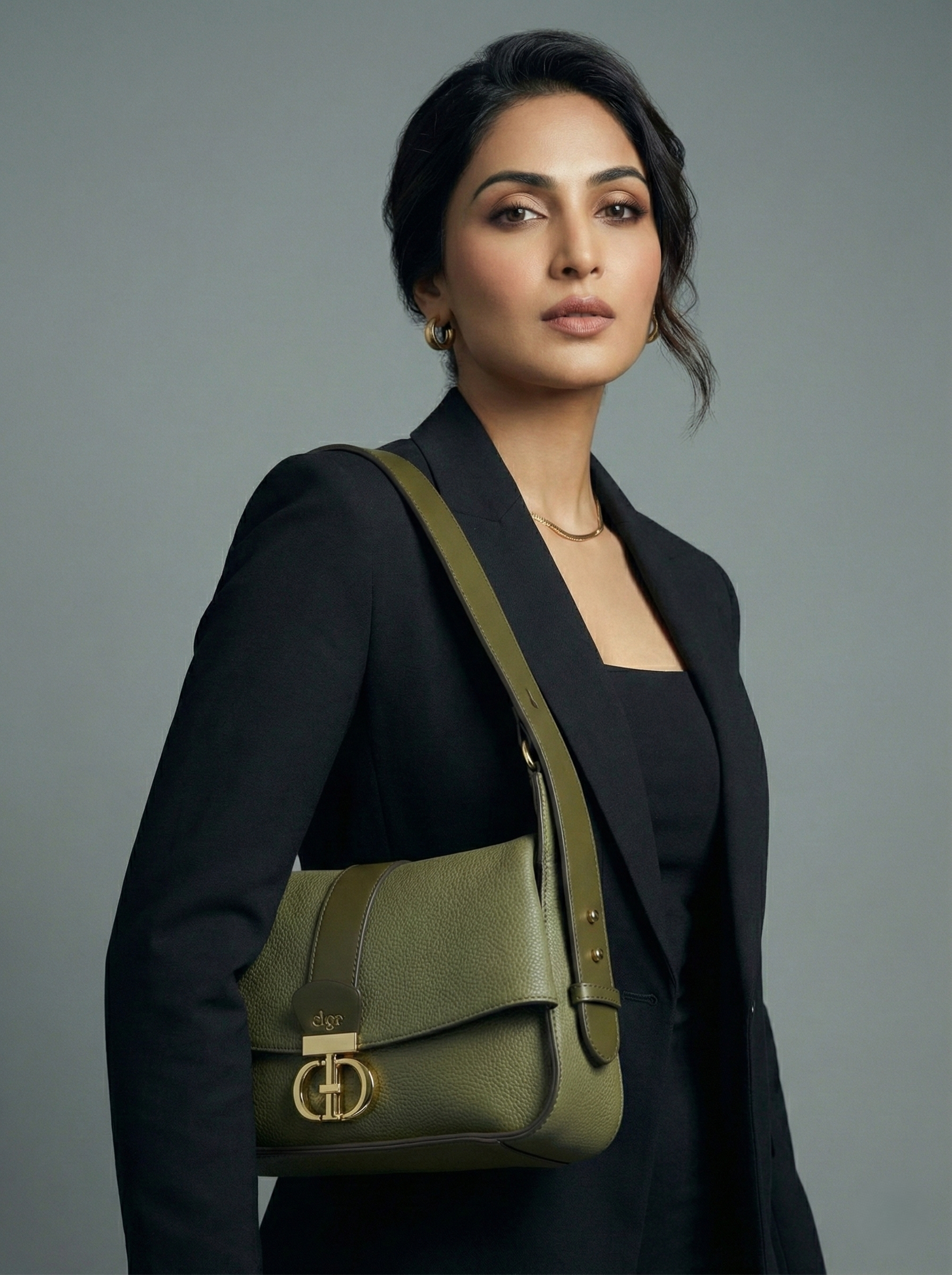Nisa Signature Olive Shoulder Bag with Gold Accents