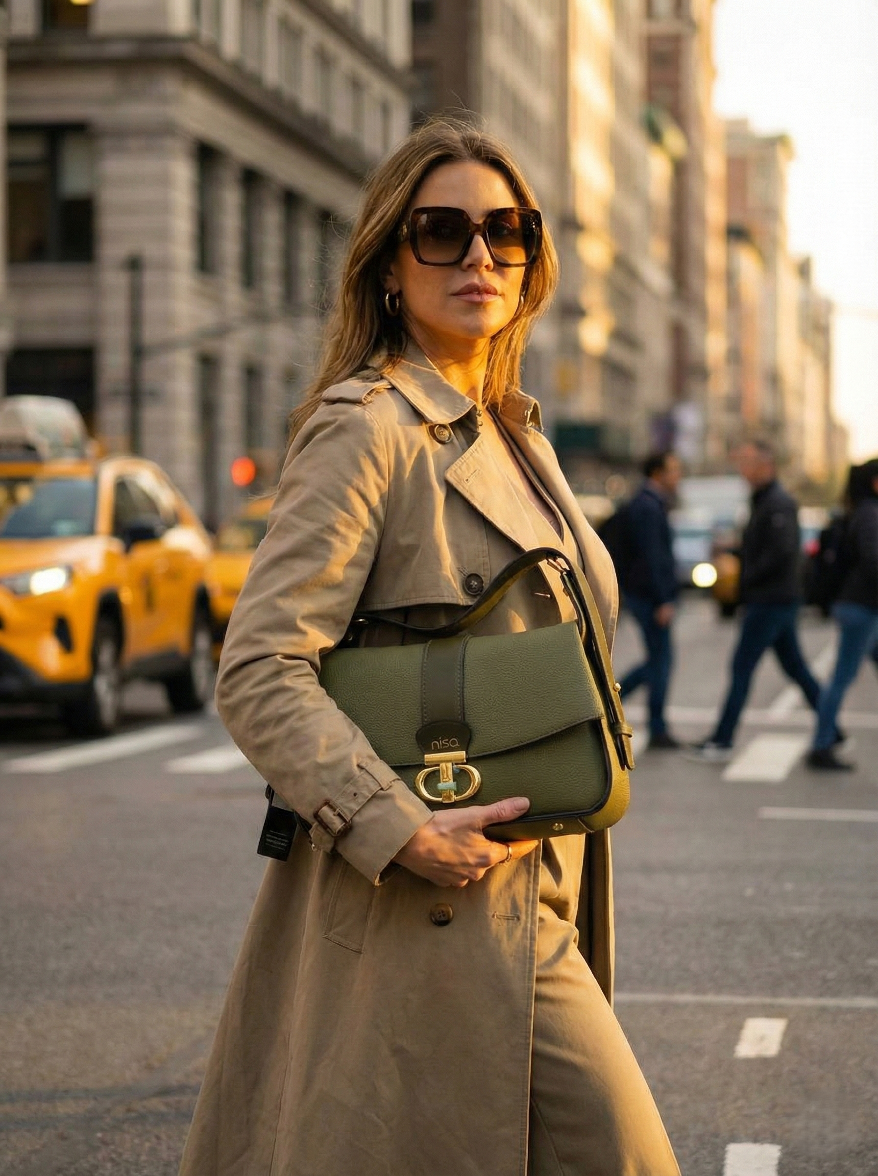 Nisa Signature Olive Shoulder Bag with Gold Accents