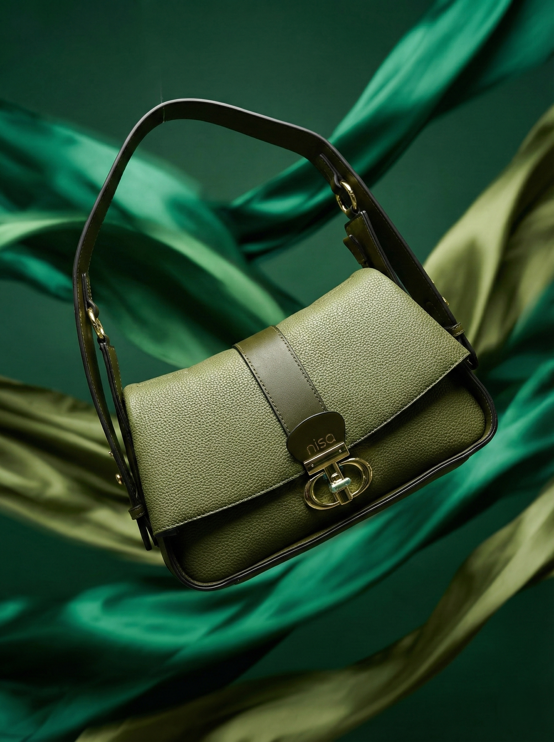 Nisa Signature Olive Shoulder Bag with Gold Accents