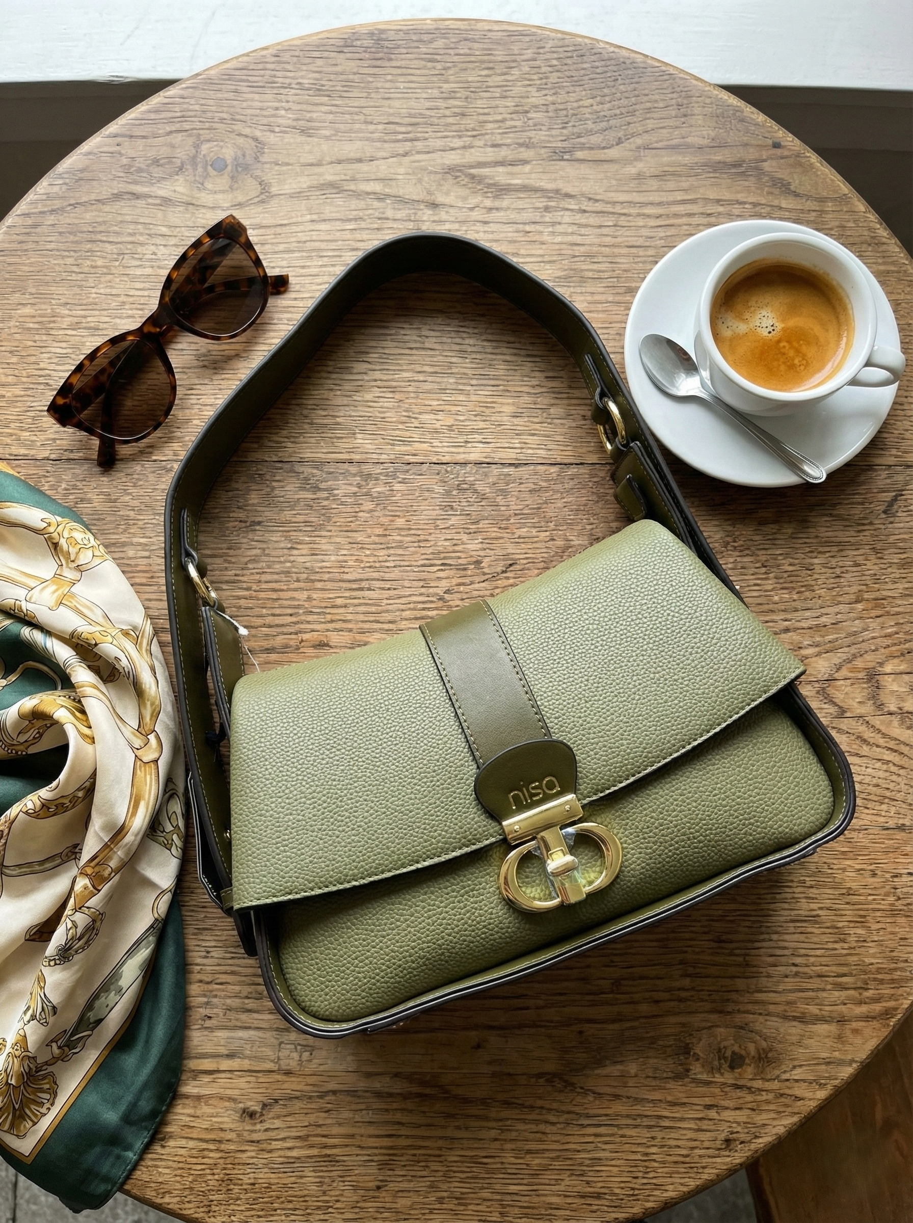 Nisa Signature Olive Shoulder Bag with Gold Accents