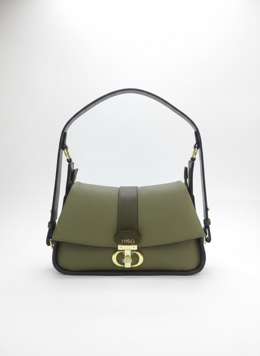 Nisa Signature Olive Shoulder Bag with Gold Accents