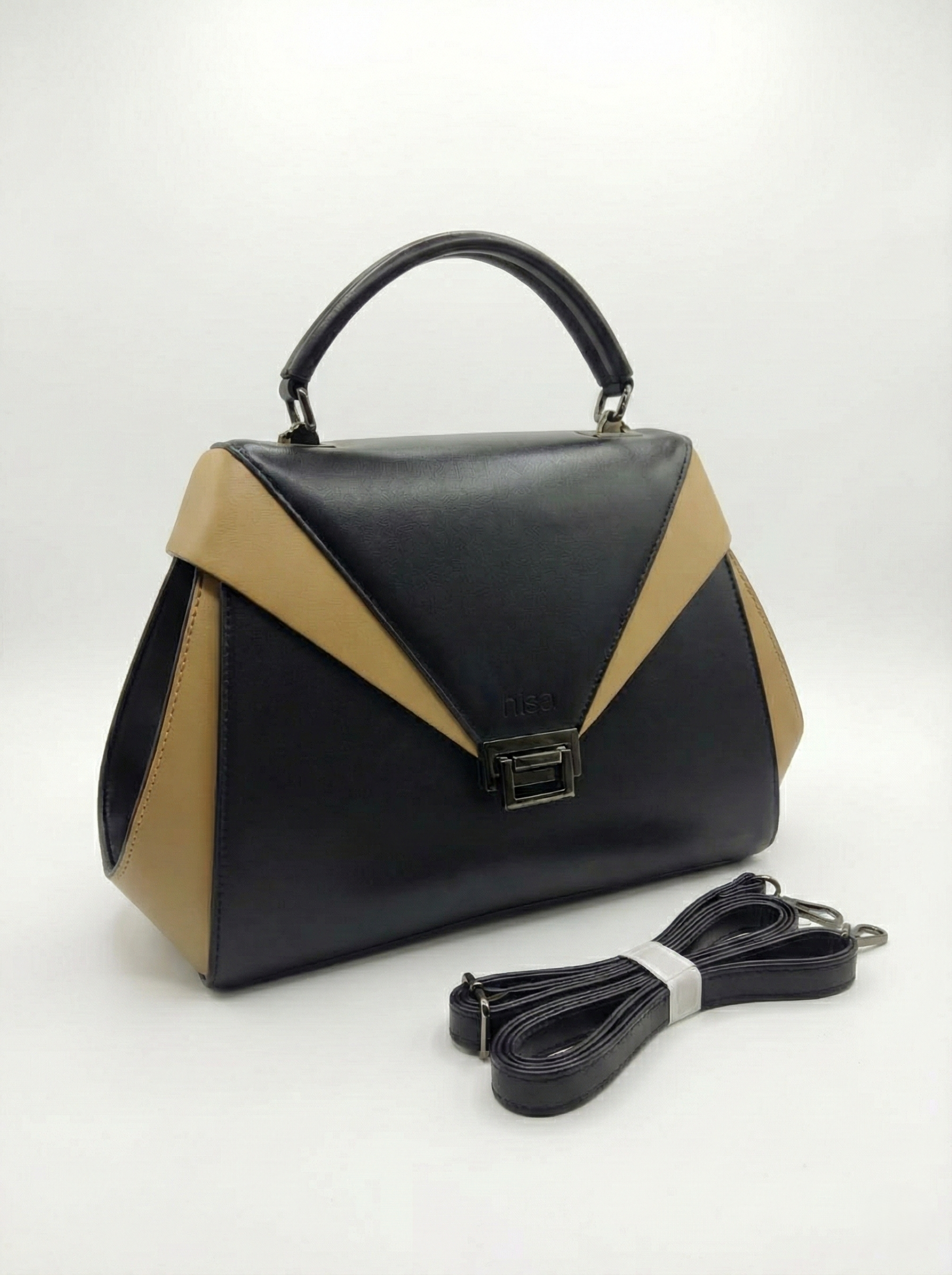 Nisa Modern Dual-Tone Satchel Bag – Black & Tan