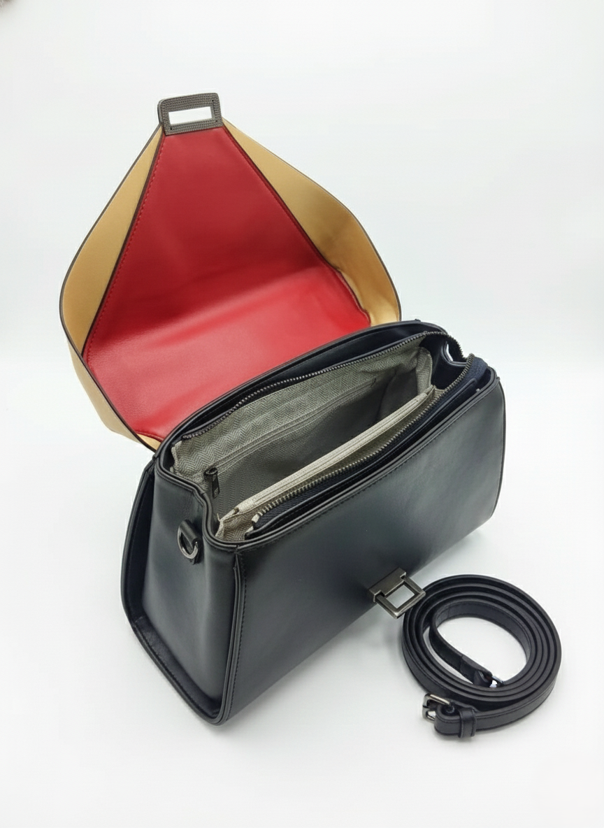 Nisa Modern Dual-Tone Satchel Bag – Black & Tan