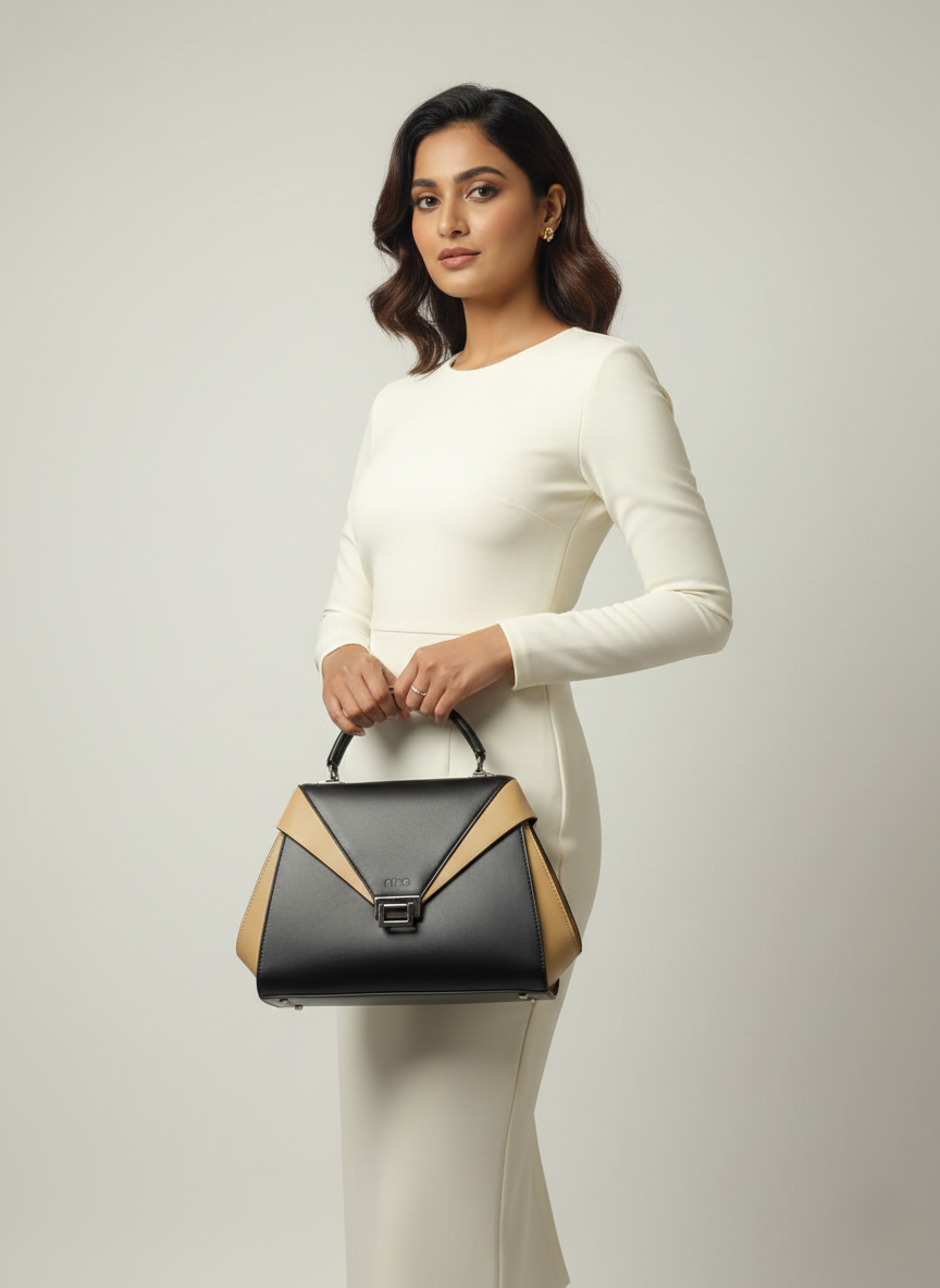 Nisa Modern Dual-Tone Satchel Bag – Black & Tan